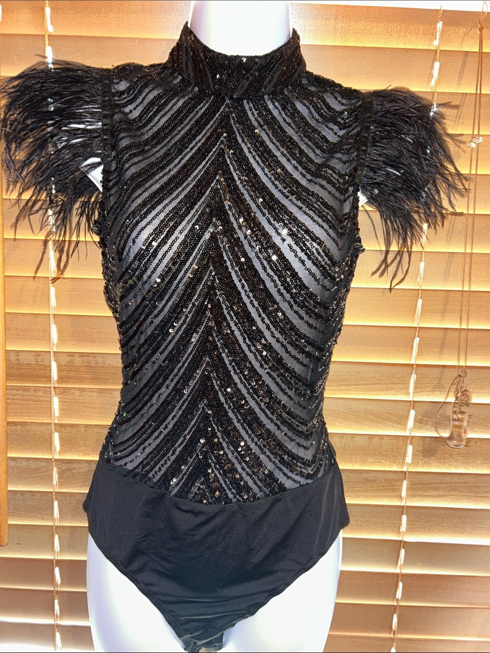 AKIRA Black Sequin Feather Sleeve High-Neck Bodysuit